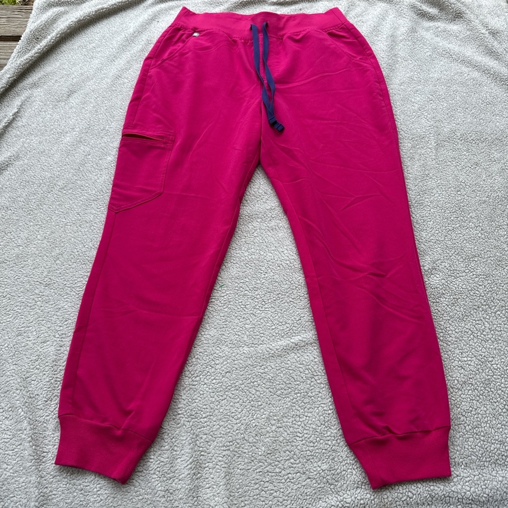 Figs Bright Fuchsia Jogger Pants with Navy Drawstring
